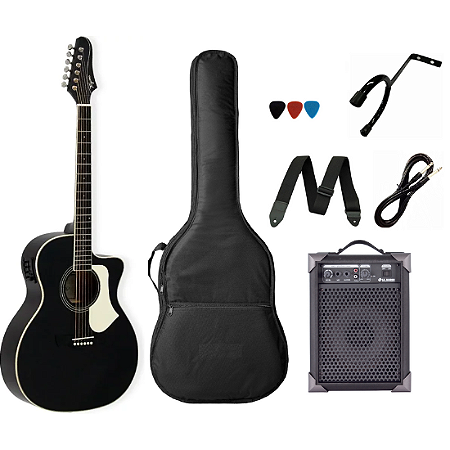 Kit Violão Elétrico Aço Tagima Rio Negro BKS + Caixa