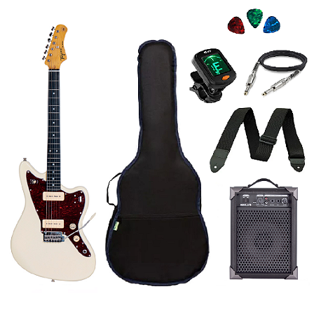 Kit Guitarra Tagima Tw61 Woodstock Branco Vintage Amplificador