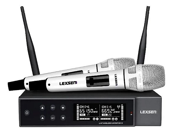 Microfone de Mão Lexsen NXS702 Dinâmico Duplo Branco Sem Fio