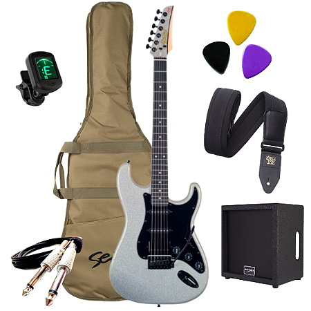 Kit Guitarra Elétrica Seizi Fun Superstrato Lighter Silver Sparkle Com Caixa De Som