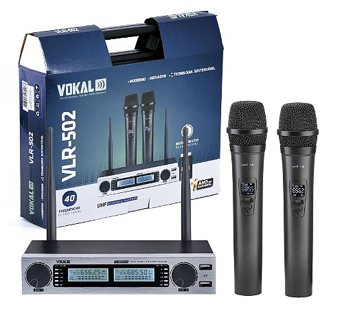 Microfone Sem Fio Vokal Duplo UHF Bateria Lithium VLR502