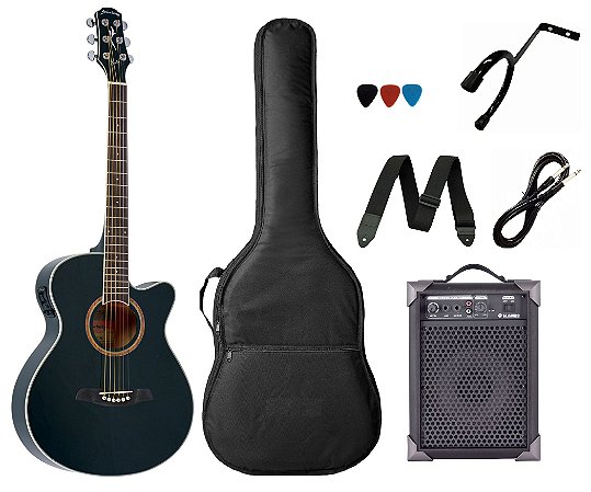 Kit Violão Strinberg Aço Elétrico Preto Be30 + Caixa Amplificada