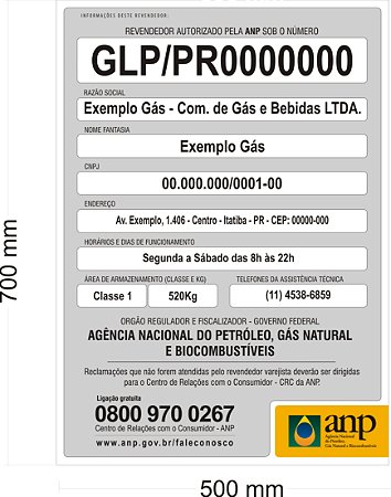 Placa ANP Obrigatória Identificação Revenda de Gás GLP