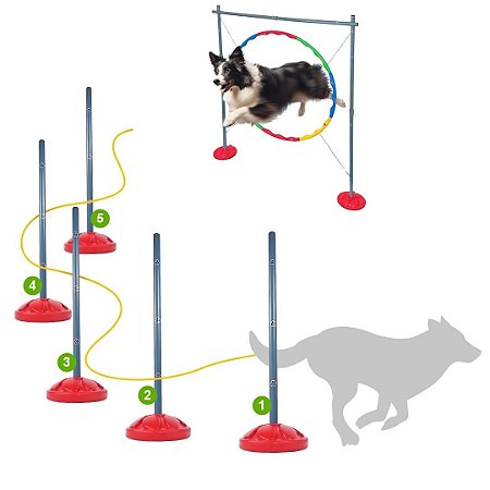 KIT AGILITY SEM TÚNEL, 5 BALIZAS PARA ZIG ZAG, SALTO CIRCULAR E BOLSA