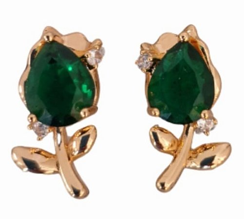Brinco dourado com pedra fusion verde.