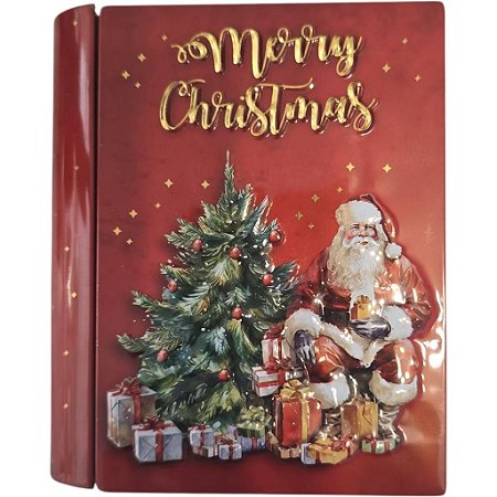 Caixa de lata em formato de livro.