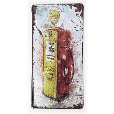 Placa de Metal Decorativa Bomba de combustível Shell Gasoline - 30 x 15 cm