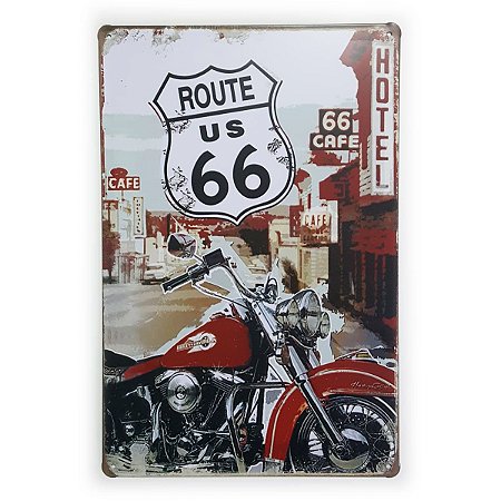 Placa de Metal Route 66 Hotel 66 Cafe - 30 x 20 cm
