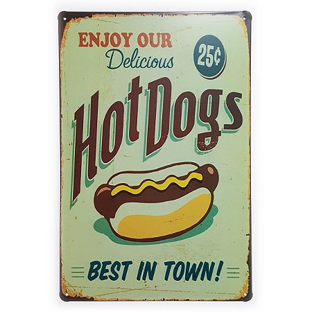 Placa de Metal Hot Dogs - 30 x 20 cm