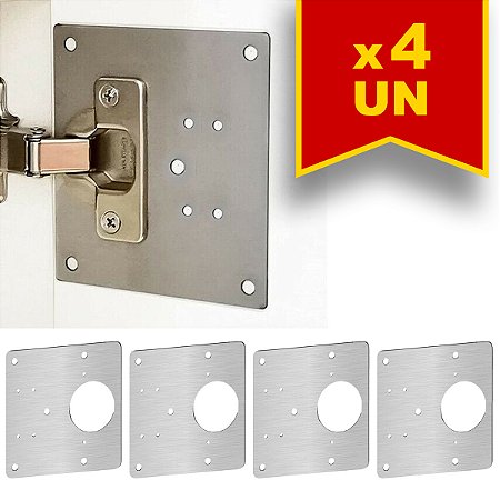 Kit 4 Placas Universais Dobradiça Aço Inox 24 parafusos
