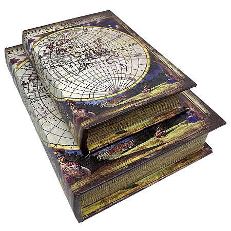 Kit Caixa Livro Decorativa Mapa Mundi Retrô - 2 peças