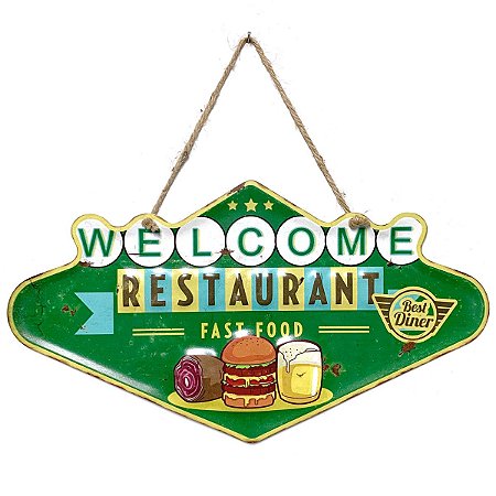 Placa de Metal Decorativa Welcome Restaurant Fast Food