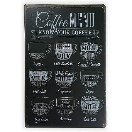 Placa de Metal Coffee Menu - 30 x 20 cm