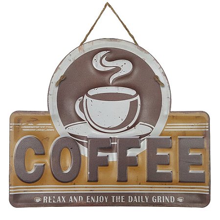 Placa de Metal Alto Relevo Coffee Relax and Enjoy