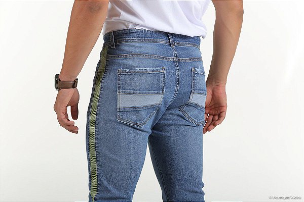 calça jeans listra lateral