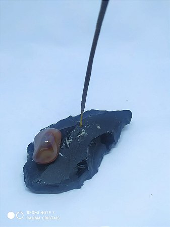 Porta Incenso / Incensário de Pedra Bruta Natural - Obsidiana Bruta + Pedra Rolada - CORNALINA