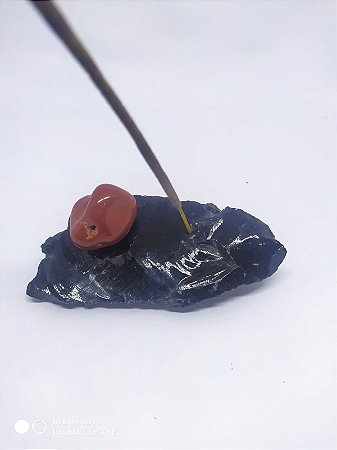 Porta Incenso / Incensário de Pedra Bruta Natural - Obsidiana Bruta + Pedra Rolada - JASPE VERMELHO