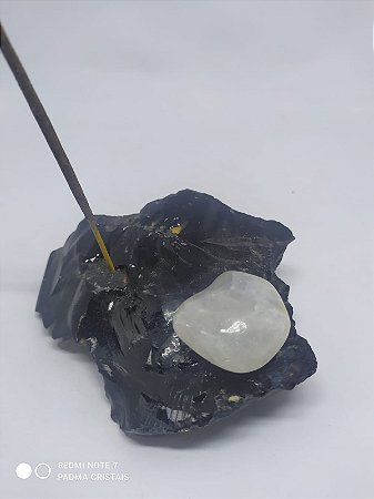 Porta Incenso / Incensário de Pedra Bruta Natural - Obsidiana Bruta + Pedra Rolada - QUARTZO CRISTAL