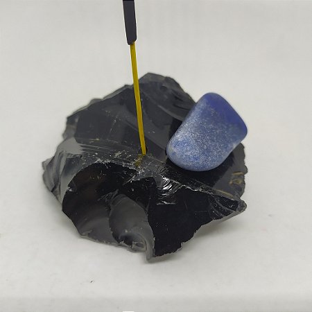 Porta Incenso / Incensário de Pedra Bruta Natural - Obsidiana Bruta + Pedra Rolada - QUARTZO ROSA
