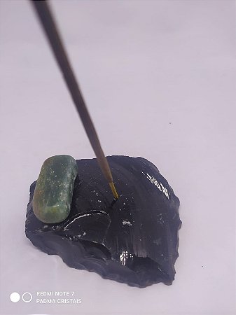 Porta Incenso / Incensário de Pedra Bruta Natural - Obsidiana Bruta + Pedra Rolada - QUARTZO VERDE