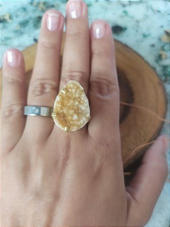 Anel de Drusa de Citrino Regulavel - Maravilhoso Anel de Pedra Natural - Serve em Todos os Tamanhos de Dedo