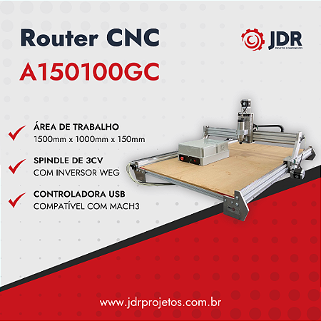 Router CNC - A150100GC em Alumínio com Cremalheiras e Fuso de Esfera + Spindle de 3cv
