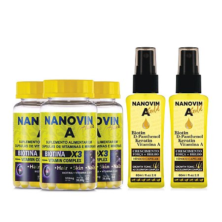 TRATAMENTO 180 DIAS NANOVIN A HAIR - CABELOS e UNHAS e 2 TÔNICO CAPILAR NANOVIN GOLD 60 ML