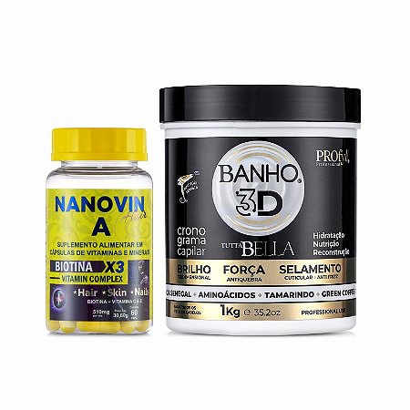 Creme de Tratamento Banho 3D Kg + Suplemento de Vitaminas e Minerais Hair 60 cápsulas