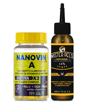Tônico Capilar Mister Pelo Minoxidil 15% USP 60ml + Cápsulas Biotina X3 Nanovin A 60 cápsulas Cresce Cabelo e Barba