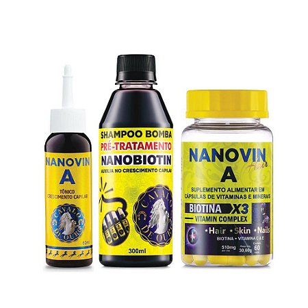Kit Tônico + Shampoo + Vitamina Nanovin A 100% Natural a Evolução do Minoxidil