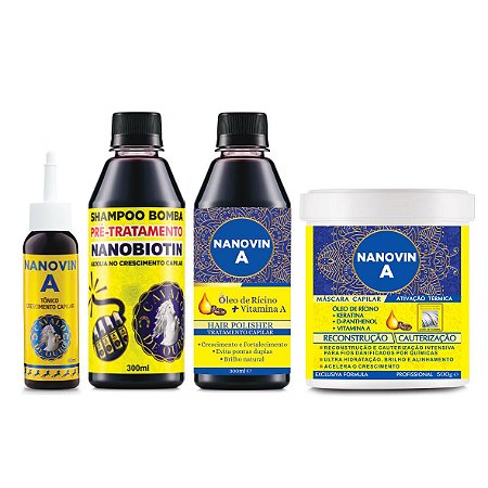 KIT DE CRESCIMENTO - RECONSTRUÇÃO CAPILAR - HIDRATAÇÃO CAPILAR - TÔNICO CAPILAR - ÓLEO DE RÍCINO - VITAMINA A - NANOVIN A