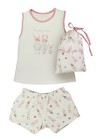 Pijama Curto Grow Up com Porta Pijama Creme
