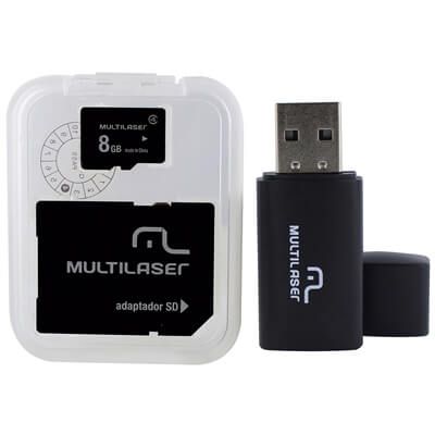 Cartão Multilaser de Memória Micro SD 8GB + Leitor de Cartão com Adaptador