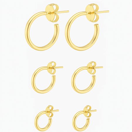 Trio de Brincos de Argolinhas Finas e Lisas folheado em ouro 18k