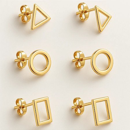 Kit de brincos formas geométricas folheado em ouro 18k