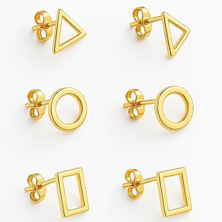 Kit de brincos formas geométricas folheado em ouro 18k