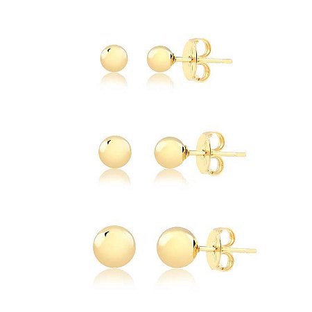 Kit de brincos com 3 bolinhas lisas folheado em ouro 18k