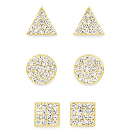 Trio de brincos formas geométricas cravejado folheado em ouro 18k