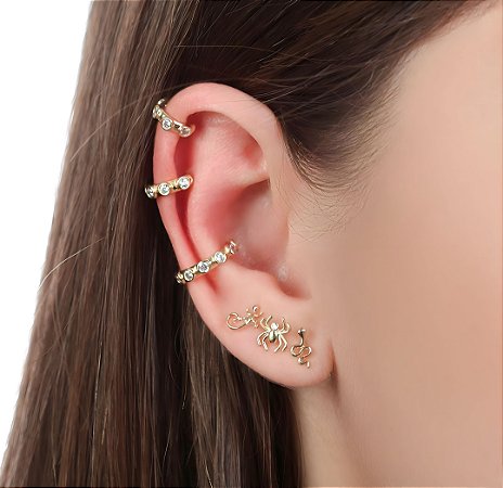 Kit de brincos com aranha, cobra e lagarto folheado em ouro 18k