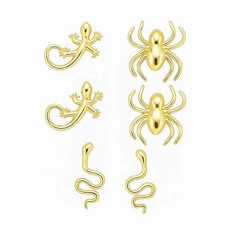 Kit de brincos com aranha, cobra e lagarto folheado em ouro 18k