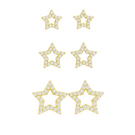 Trio de brincos de estrela vazada e cravejada com zircônias folheado em ouro 18k