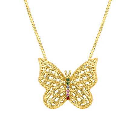 Colar Com Borboleta Cravejada Banhada em Ouro 18k