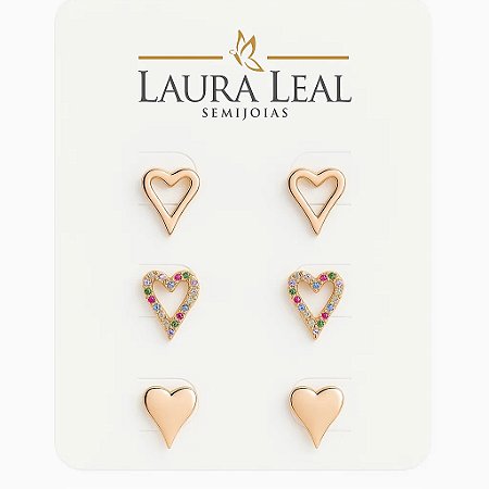 KIt de Brincos com Coração e Zircônia Colorida Folheado em Ouro 18k