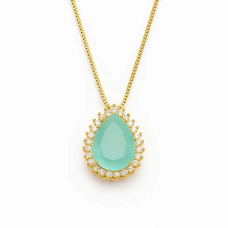 Colar com pingente de gota azul rodeado de zircônias folheado em ouro 18k