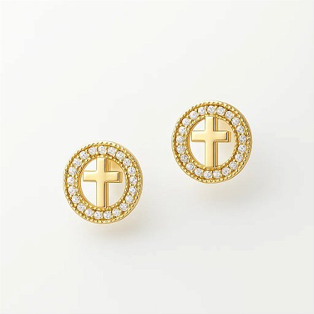 Brinco Redondo com Cruz e Micro zircônias Folheado em ouro 18k