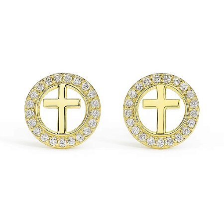 Brinco Redondo com Cruz e Micro zircônias Folheado em ouro 18k
