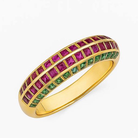 Anel aparador cravejado com zircônias coloridas folheados a ouro 18k