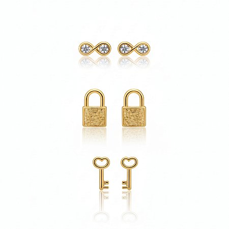 Trio de brinco chave, cadeado e infinito folheados a ouro 18k