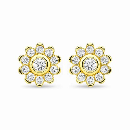 Brinco pequeno flor cravejado com zircônia folheados a ouro 18k