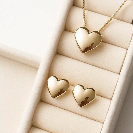 Conjunto coração folheado em ouro 18k